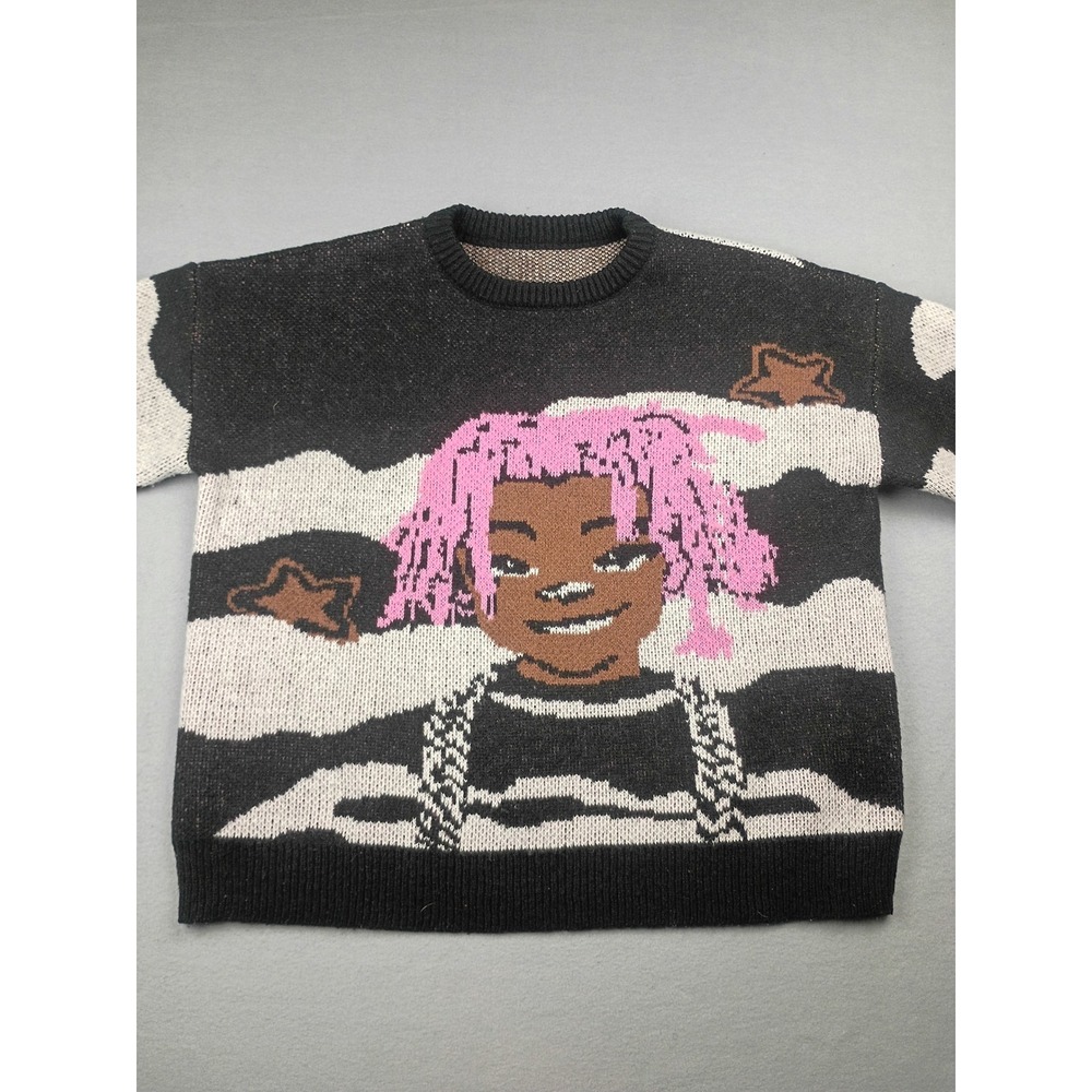 Pink Hair Hip Hop Graphic Knit Sweater Black White Stars Crewneck Streetwear